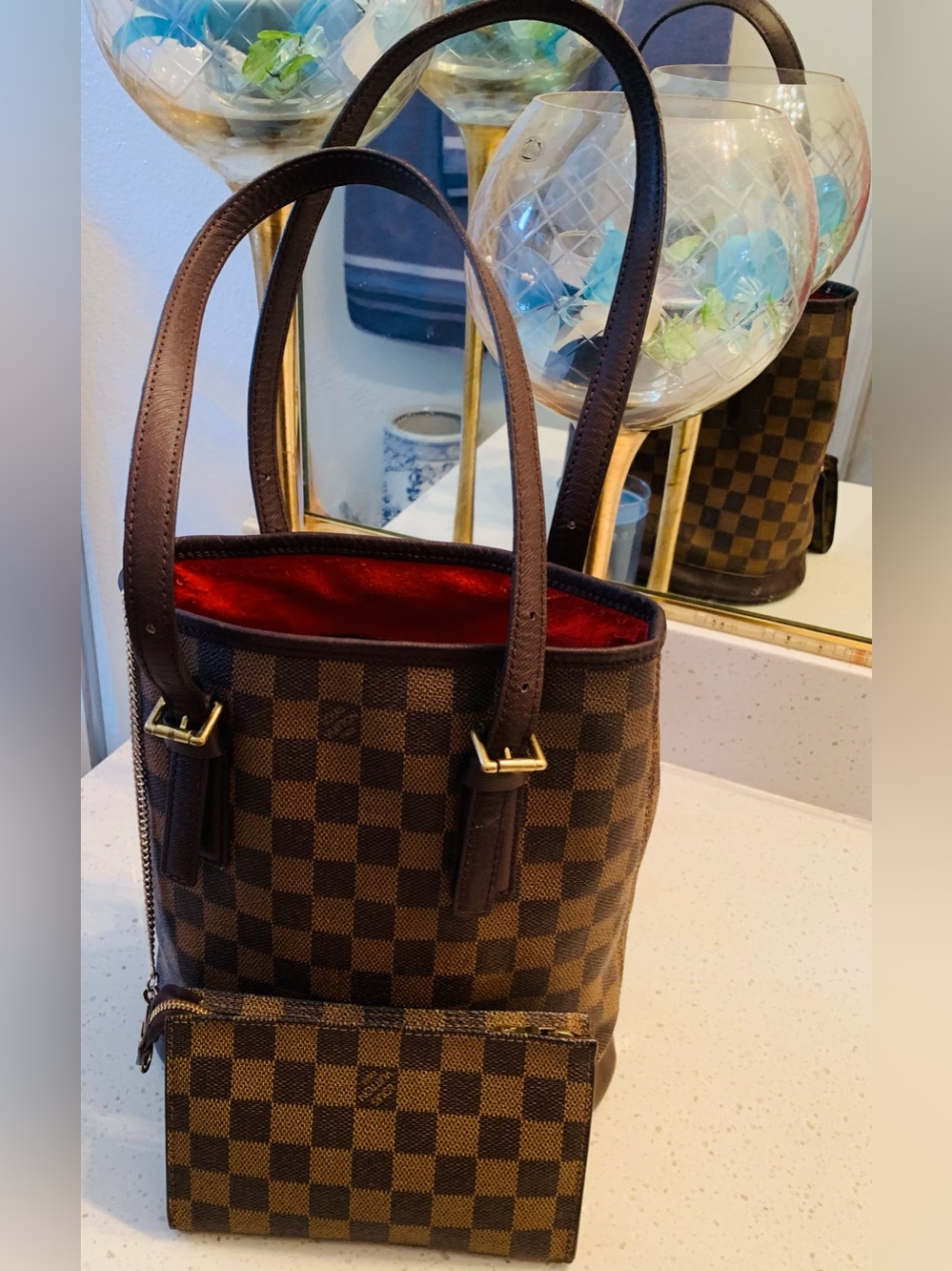 Authentic Louis Vuitton Brown Checker Canvas Tote with Matching Pouch